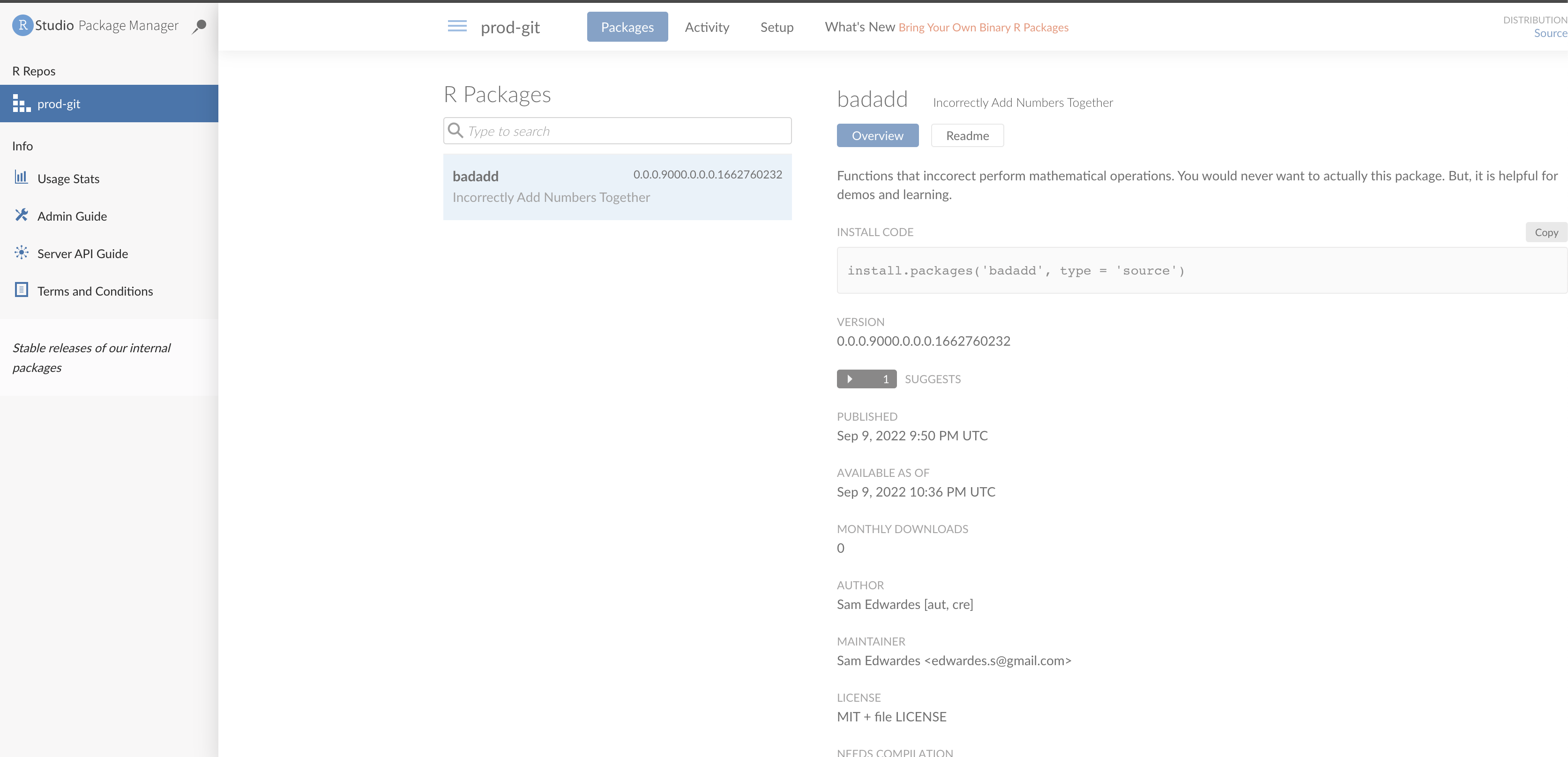 Screenshot of badadd in Package Manager.
